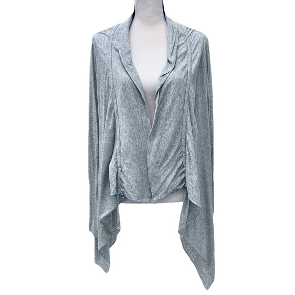 DKNY HEATHER GRAY COTTON OPEN RUFFLE NECK CARDIGAN - Picture 2 of 13